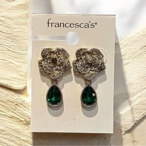 Francesca’s Celine Pave Rose Emerald Green Teardrop Dangle Earrings Gold Tone
